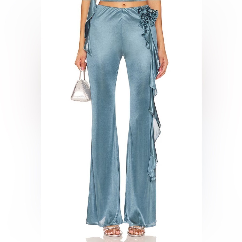 Lovers + Friends Giulia Pants Teal Grey Shimmering Blue Flares bells Revolve S